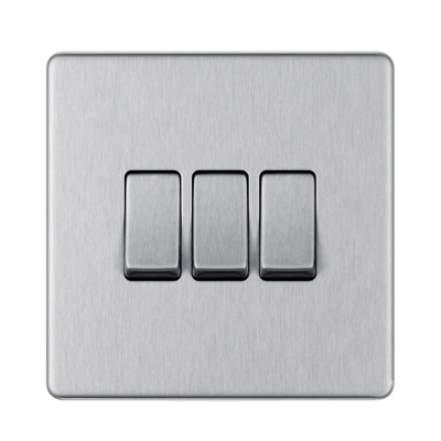 British General BG BRUSHED STAINLESS STEEL 3 GANG 2 WAY SWITCH FLAT PLATE